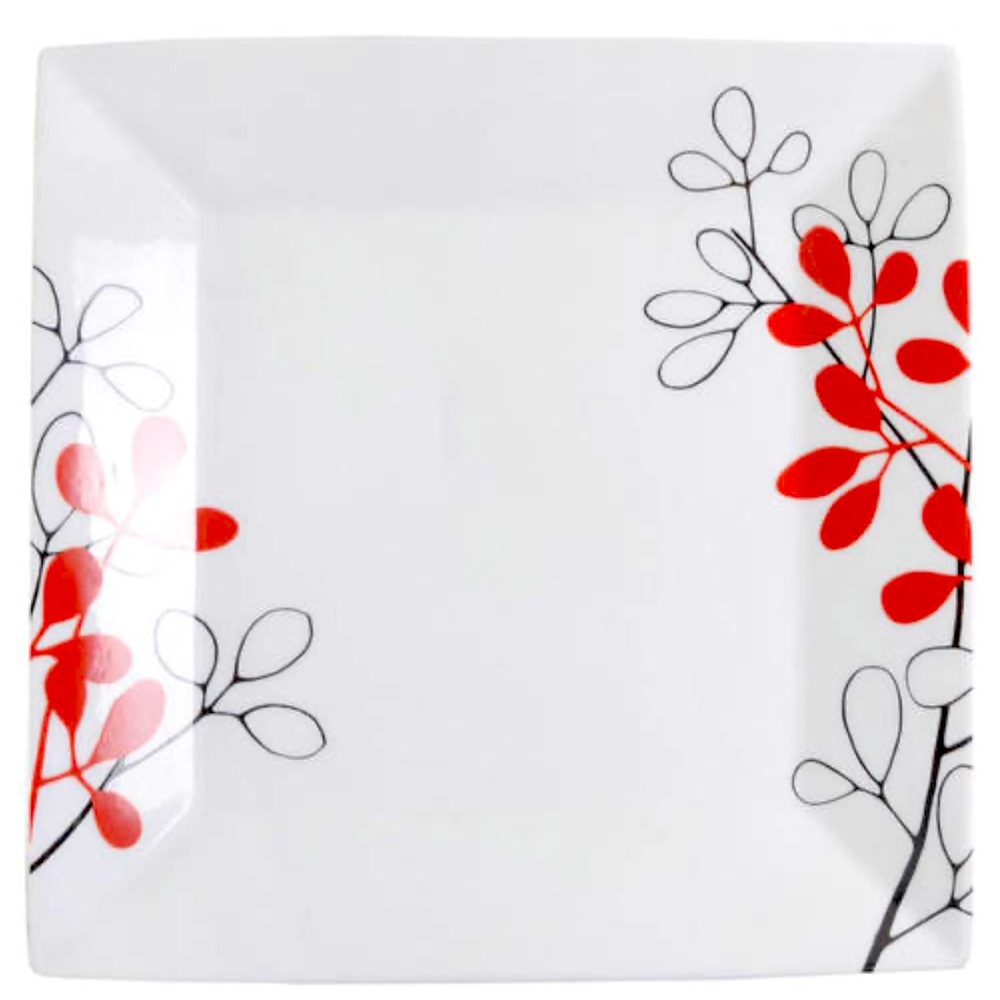 The Cellar Mulberry Salad Plate 8.5 in Square White Red Black Leaf Design